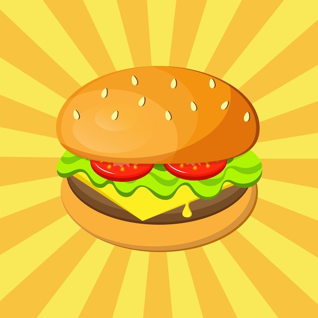 Sándwich de hamburguesa de comida rápida de hamburguesa aislado sobre fondo de rayas amarillas Ilustración vectorial