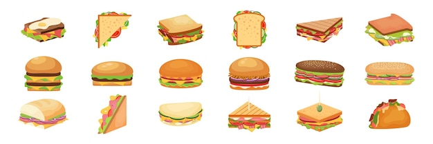 Sándwich de hamburguesa perrito caliente y envoltura Conjunto de ilustración vectorial Hamburguesa o bocadillo de hamburguesa con queso colecciones de comida rápida