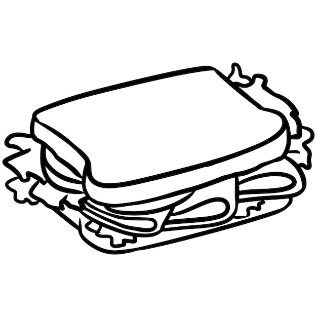 Sándwich con icono de dibujos animados de jamón imagen de estilo cómico de contorno de bocadillo ilustración de lineart aislada dibujada a mano para tarjetas de diseños de impresiones