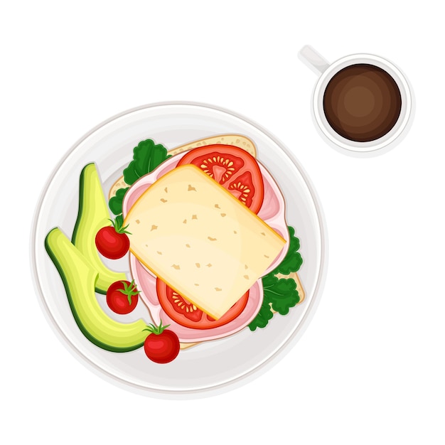 Vector sándwich con jamón cortado y verduras servido en un plato con ilustración vectorial de aguacate