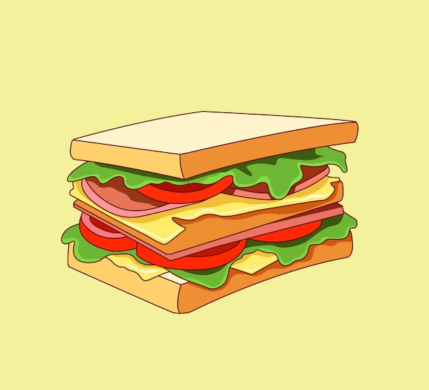 sándwich con jamón y queso ilustración plana