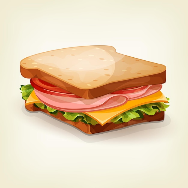 Sándwich con lechuga fresca tomate queso y jamón Icono de estilo de dibujos animados Ilustración del menú del restaurante