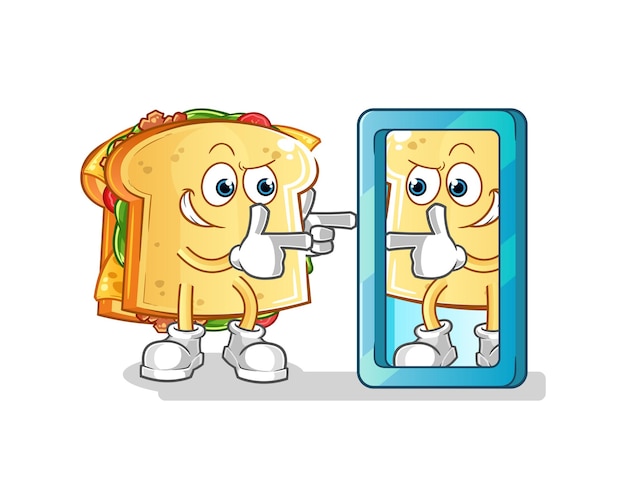 Sandwich mirando en dibujos animados de espejo. vector de mascota de dibujos animados