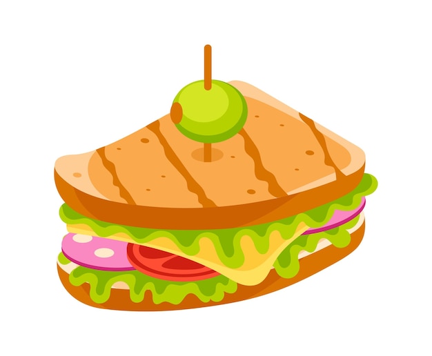 Sándwich con pan tostado queso jamón lechuga de tomate y aceituna haciendo una deliciosa comida