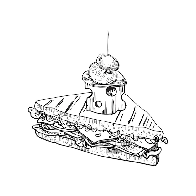Sándwich pequeño triangular dibujado a mano y, a través de él, un palito de cóctel Queso y luego un trozo de salami