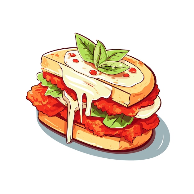 Vector sándwich de pollo a la parmesana comida italiana ilustrador vectorial de dibujos animados