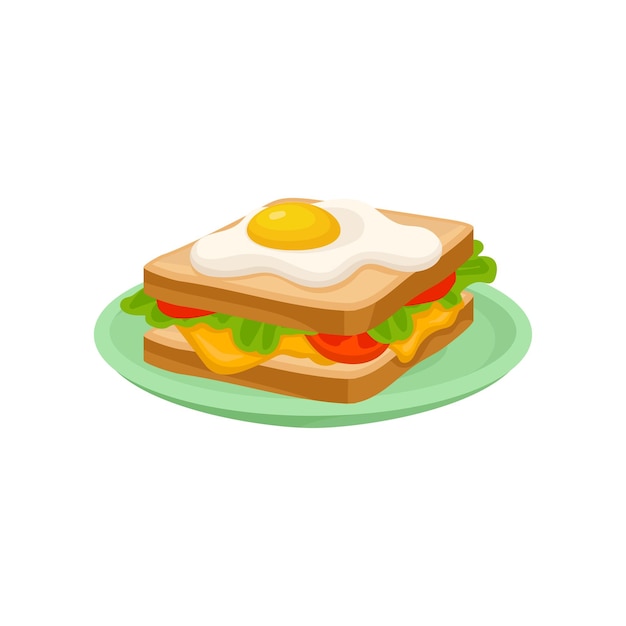 Sándwich con queso, tomate, lechuga, huevo fresco, desayuno nutritivo, elemento de diseño para el menú, café, restaurante, vector. Ilustración aislada sobre un fondo blanco.