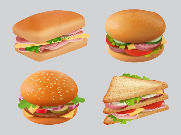 Sándwich realista hamburguesas de comida rápida con verduras y carne plantilla de sándwich vectorial decente