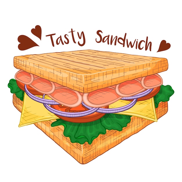 Sándwich sabroso colorido dibujado a mano aislado en la ilustración de vector blanco