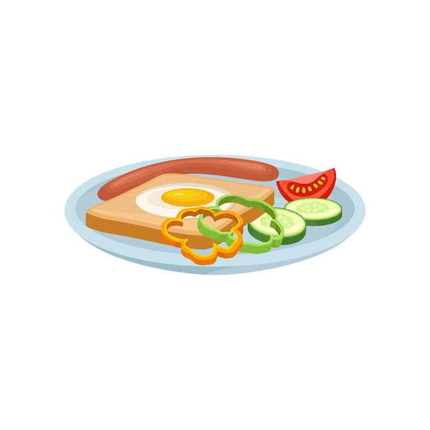 Vector sándwich con salchicha de huevo y verduras en un plato alimento de desayuno nutritivo fresco elemento de diseño para el menú café restaurante vector ilustración aislada en un fondo blanco