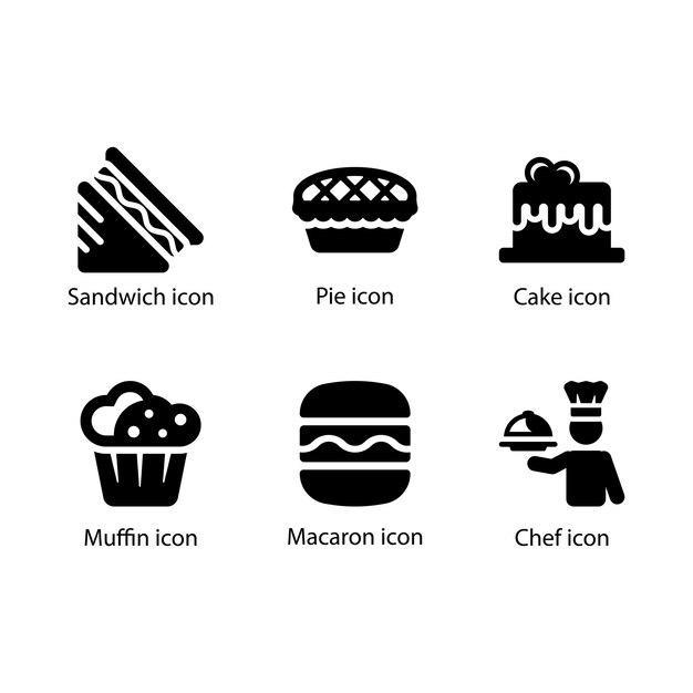 El sándwich, la tarta, el muffin, el macarrón, el chef, el conjunto de iconos negros.