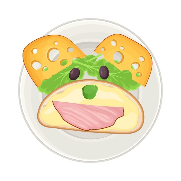 Vector sándwich con tocino cortado y verduras servido en forma de sonrisa como ilustración vectorial de desayuno infantil