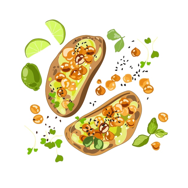 Sándwiches de pan de centeno con crema de aguacate y garbanzos vista superiorilustración vectorialcomida saludable