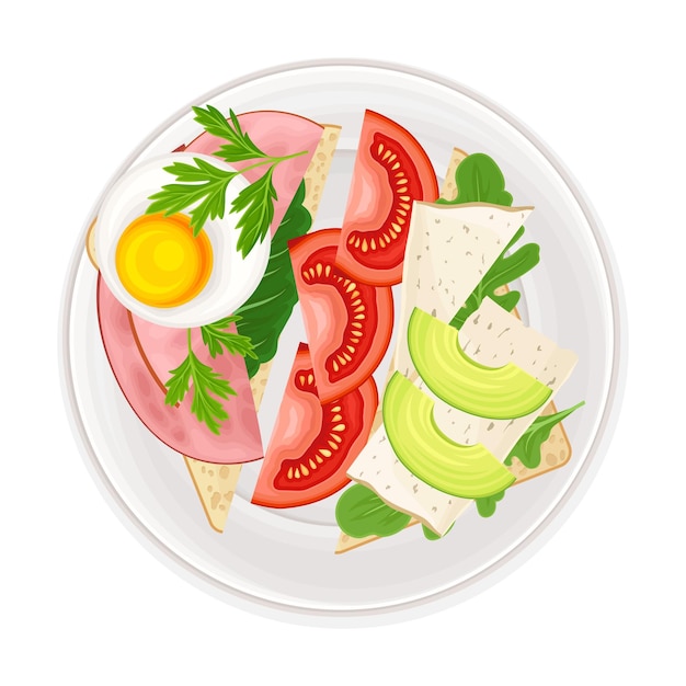 Sándwiches con verduras en rodajas, jamón y huevo revuelto servidos en un plato con ilustración vectorial de vegetación