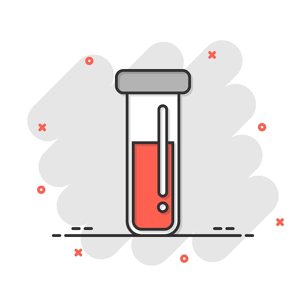 Sangre en icono de tubo de ensayo en estilo cómico Ilustración de vector de dibujos animados de matraz de laboratorio sobre fondo aislado Líquido en vaso de precipitados efecto de salpicadura concepto de negocio