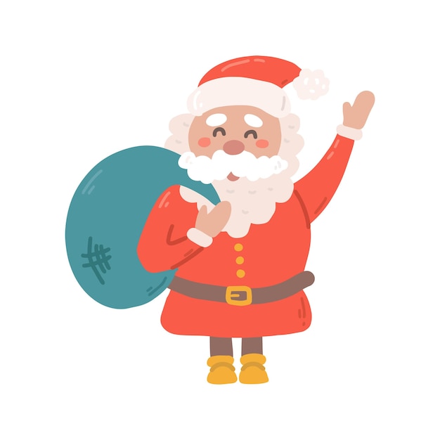 Santa alegre con bolsa de regalos de Navidad vector ilustración plana sobre fondo blanco