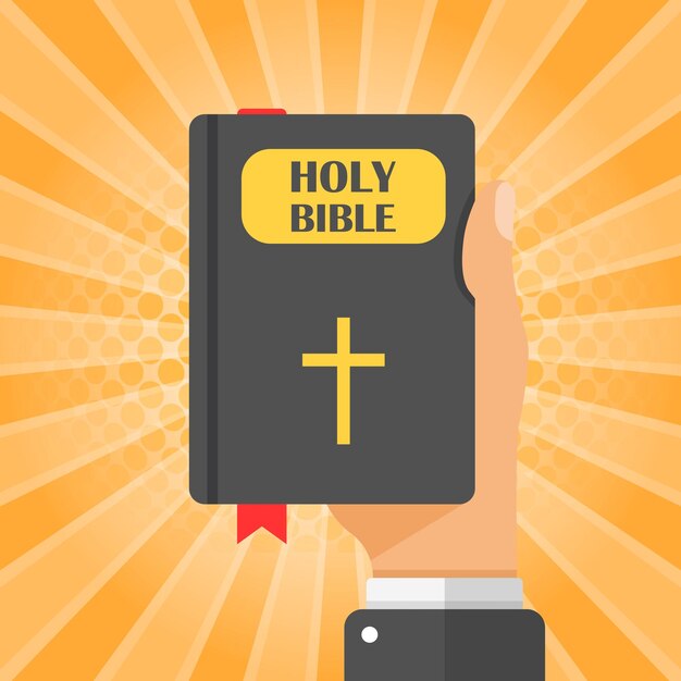 Santa Biblia en la mano icono en estilo plano cristianismo libro ilustración vectorial en fondo aislado religión signo concepto de negocio