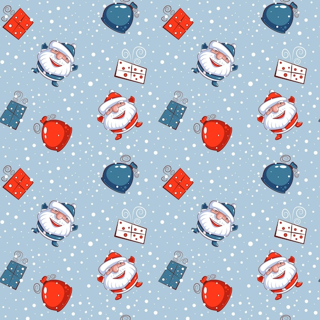 Santa, bolsos y regalos sobre un fondo azul.