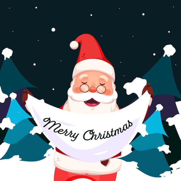 Santa Claus alegre sosteniendo una etiqueta blanca de mensaje o etiqueta adhesiva de Feliz Navidad con árboles de Navidad en la nieve cayendo Teal fondo puede ser utilizado como tarjeta de felicitación