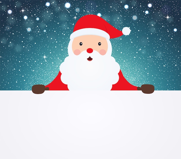 Santa Claus apuntando en un paño blanco en blanco sobre fondo nevado.