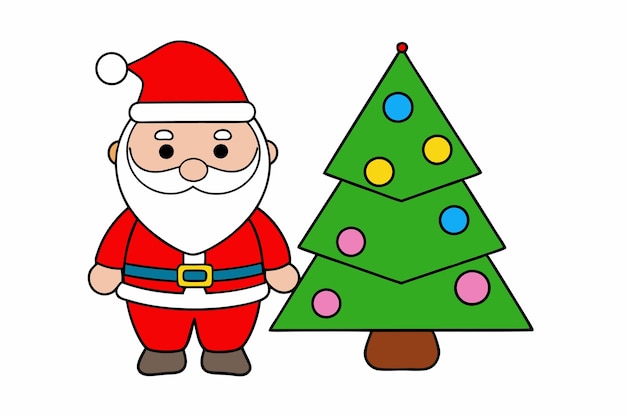 Santa Claus y el árbol de Navidad dibujos animados e ilustración vectorial de estilo clipart en fondo blanco
