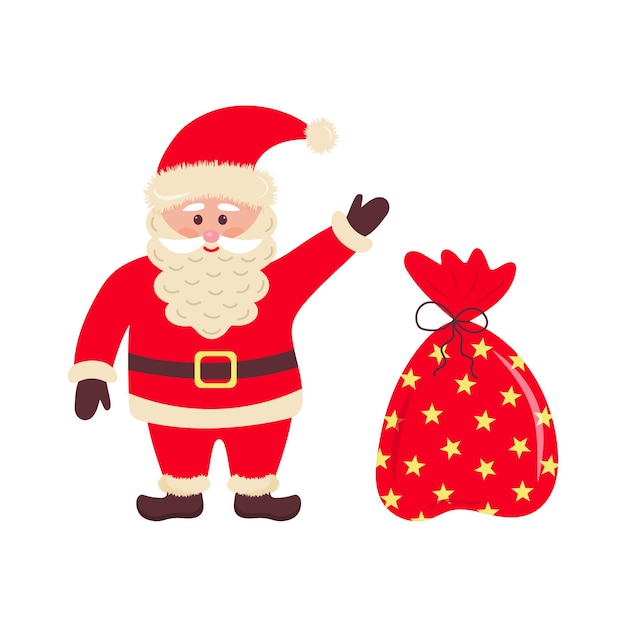 Santa Claus con bolsa de regalos. Ilustración vectorial.