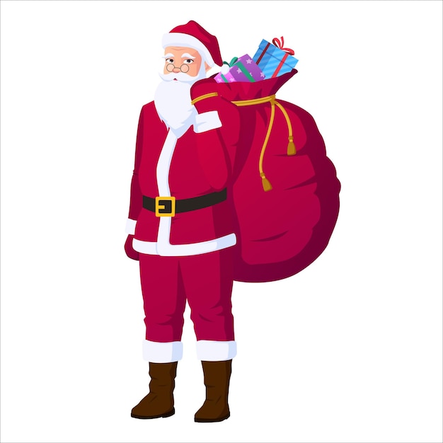 Santa Claus con bolsa de saco de regalo grande, ilustración vectorial de Navidad