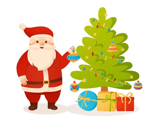 Santa claus con caja de regalo y cinta de árbol presente tarjeta de felicitación de navidad