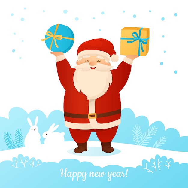 Santa Claus con caja de regalo de dibujos animados tarjeta de felicitación de Navidad sorpresa de Navidad
