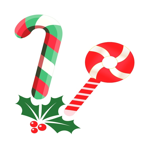 Santa Claus caña de caramelo con diseño vectorial bayas rojas icono de Navidad