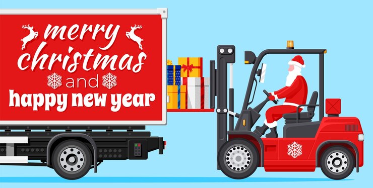 Vector santa claus en carretilla elevadora roja cargada con un montón de cajas de regalo y camiones regalos de navidad entrega y envío feliz año nuevo feliz navidad vacaciones año nuevo y navidad ilustración vectorial plana