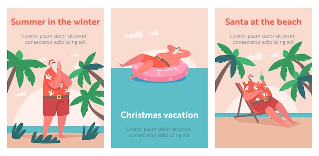 Vector santa claus en carteles de dibujos animados de vacaciones. personaje navideño viajando al resort para surfear en el océano, relajarse con un helado debajo de una palmera, broncearse en la tumbona y nadar en el ring. ilustración vectorial