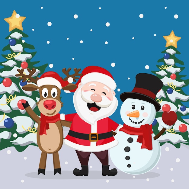 Santa Claus con ciervos y muñeco de nieve sobre fondo de paisaje de invierno. Tarjeta de Navidad.