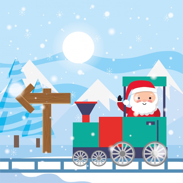 Santa claus conduciendo el tren entre el paisaje de invierno