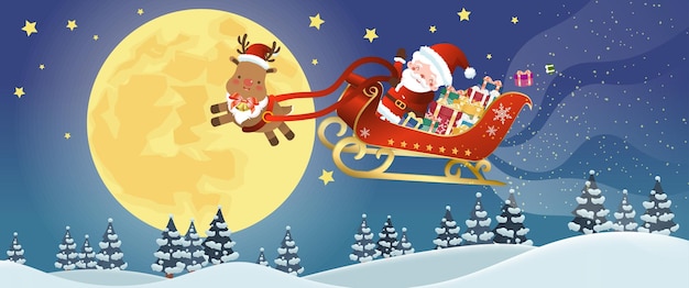 Santa claus conduciendo un trineo tirado por alces y lleno de regalos a la luz de la luna