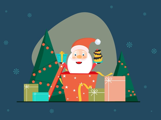 Santa Claus de dibujos animados presentando pastel dentro de una caja de regalos y árboles de Navidad en fondo azul para una feliz celebración de Navidad