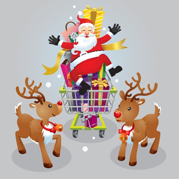 Santa Claus y dos renos con caja de regalo en carrito de compras.