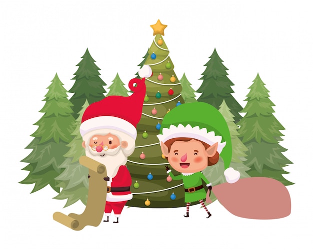 Santa claus y duende con árbol de navidad