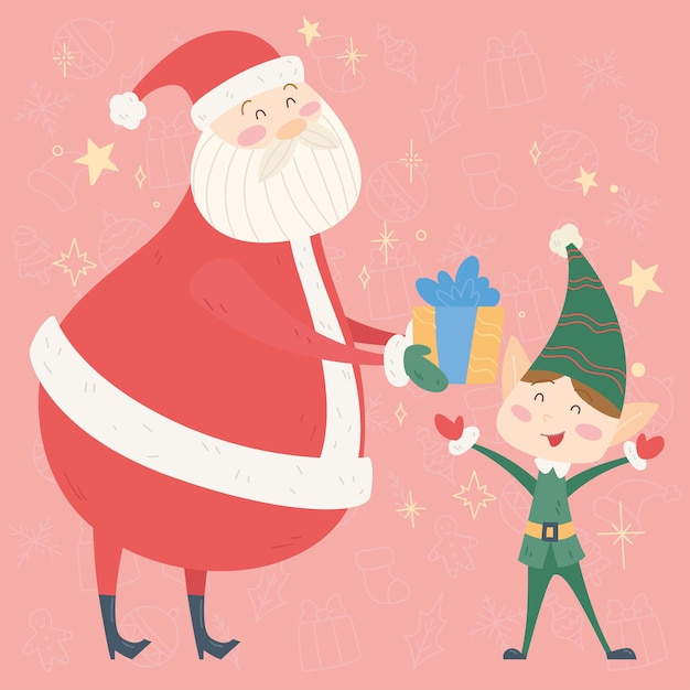 Santa Claus y duende dibujos animados kawaii Feliz Navidad gretting tarjeta Vector