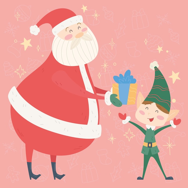 Santa claus y duende dibujos animados kawaii feliz navidad gretting tarjeta vector