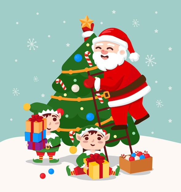 santa claus y duendes armando el árbol de navidad, duendes y gifs en la nieve blanca