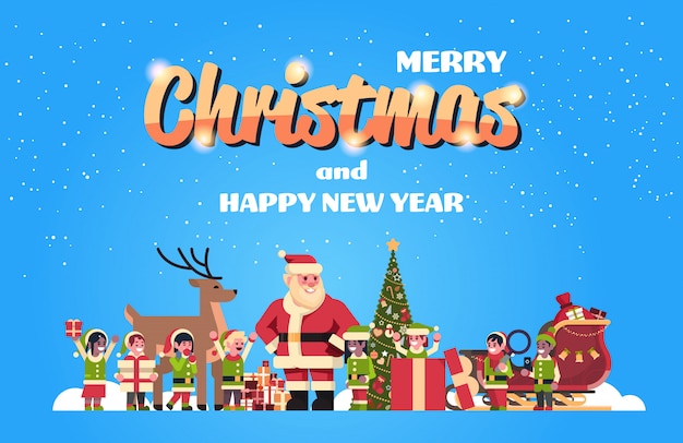 Santa Claus duendes renos cerca de abeto decoración caja de regalo Navidad vacaciones año nuevo concepto plano horizontal