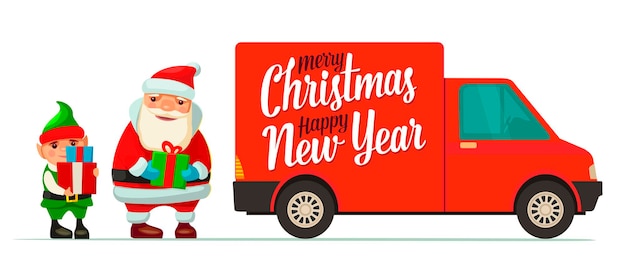 Santa Claus, elfo y furgoneta roja con sombra y cajas. Transporte de envío de mercancías de productos para Año Nuevo y Feliz Navidad. Ilustración de color de vector plano para cartel, tarjeta gretting