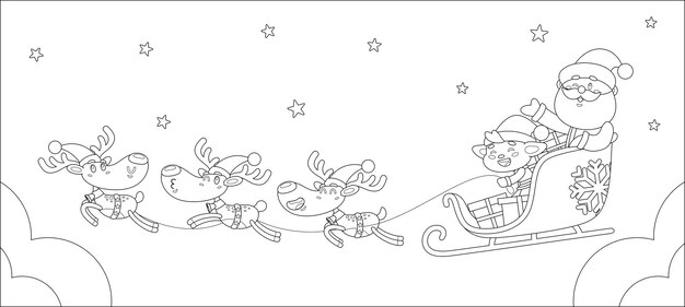 Santa Claus y el elfo montando un trineo tirado por renos a través de la luna llena en la noche de Navidad