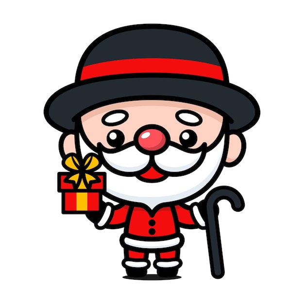 Santa claus es un personaje de dibujos animados con una caña de sombrero y una caja de regalos.