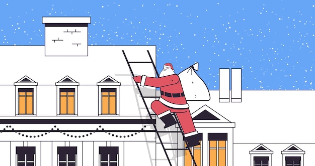 Santa claus escalando en el techo feliz año nuevo feliz navidad celebración navideña concepto horizontal lineal