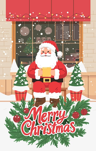 Santa Claus escena de Navidad vacaciones festivas Santa con una taza sentado fuera de una tienda decorada