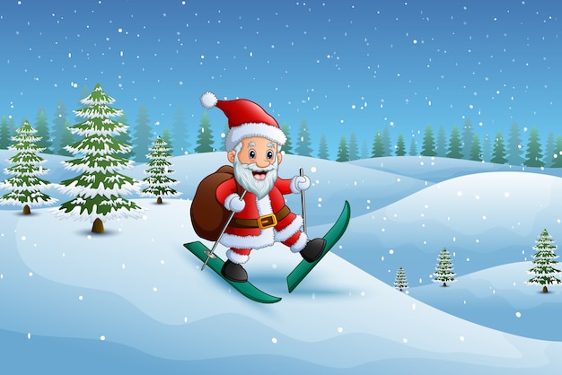 Santa claus esquiando en la colina de nieve