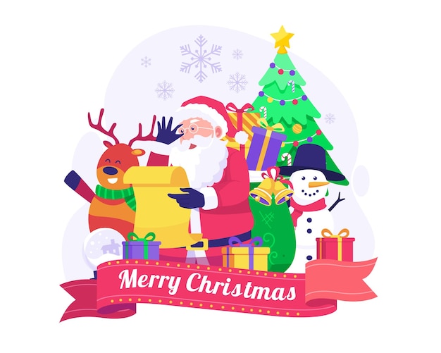 Santa Claus está leyendo un papel de lista de deseos con muñeco de nieve de reno y cajas de regalo ilustración