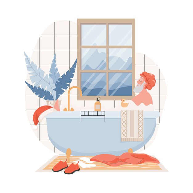 Santa Claus en gorro de ducha tomando un baño en el baño.